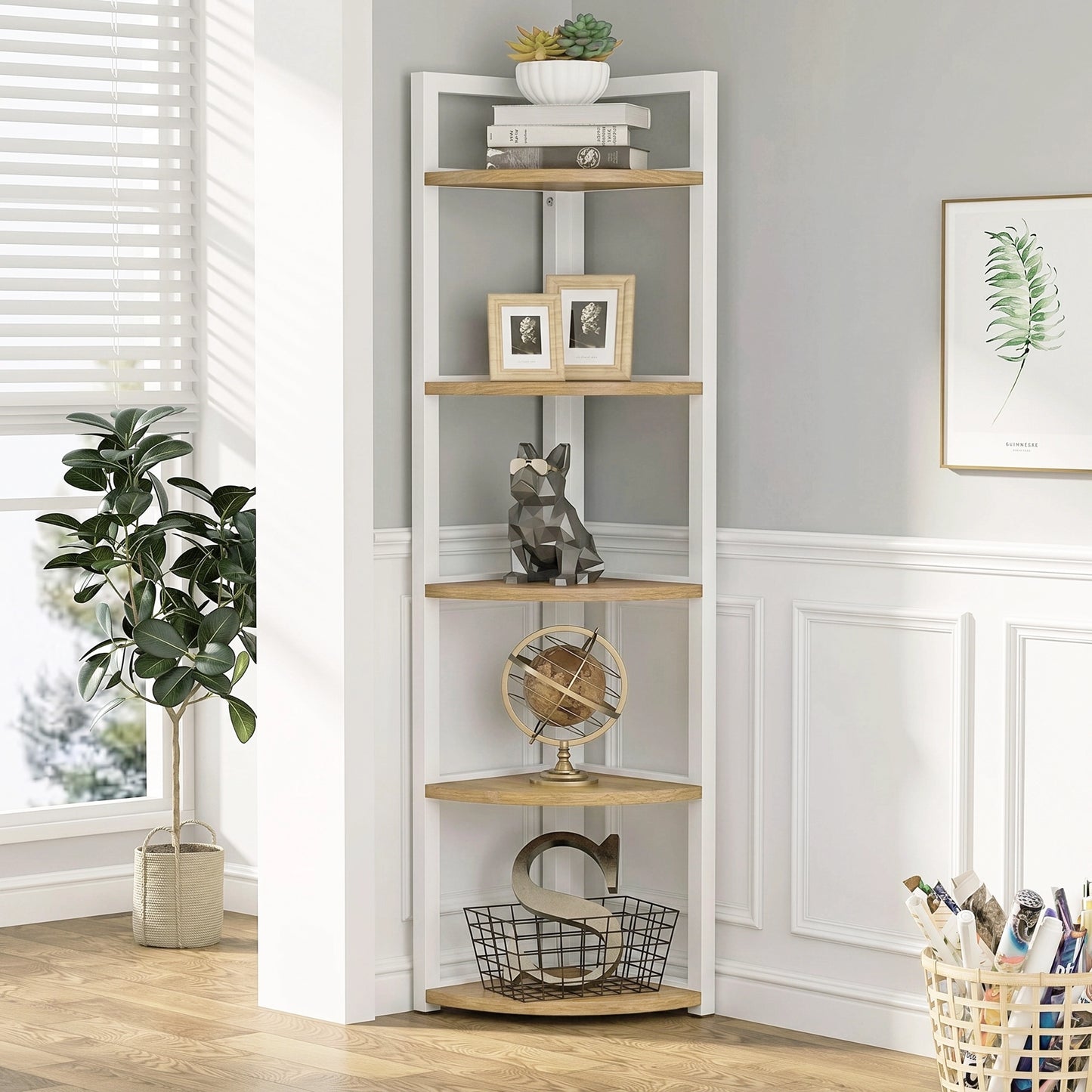 Optima 5 Tier Wood & Steel Corner Shelf Organizer Unit (Rustic Oak & White)