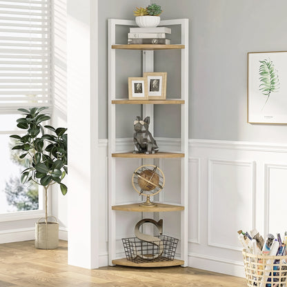 Optima 5 Tier Wood & Steel Corner Shelf Organizer Unit (Rustic Oak & White)