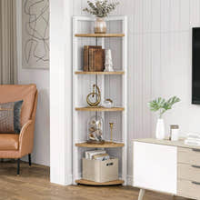 Optima 5 Tier Wood & Steel Corner Shelf Organizer Unit (Rustic Oak & White)