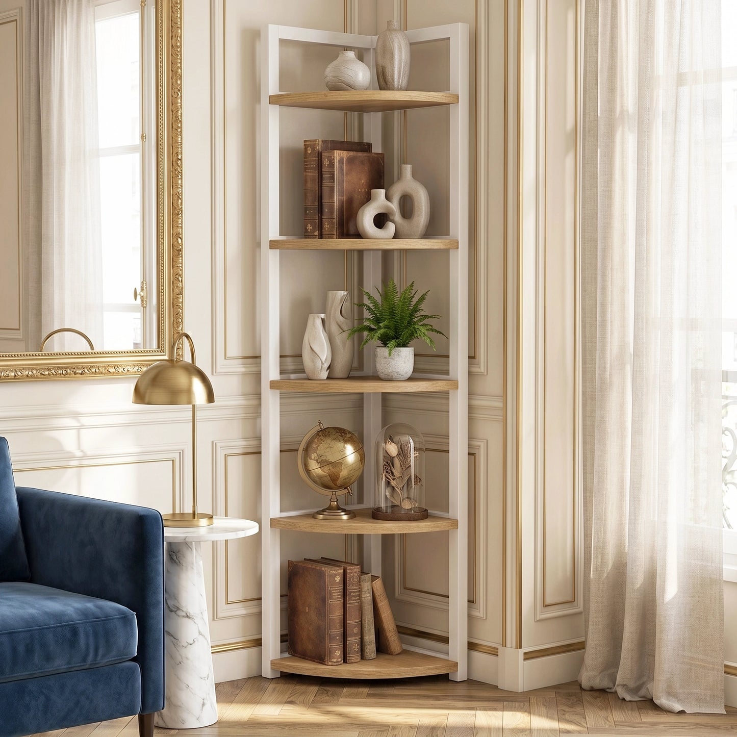 Optima 5 Tier Wood & Steel Corner Shelf Organizer Unit (Rustic Oak & White)