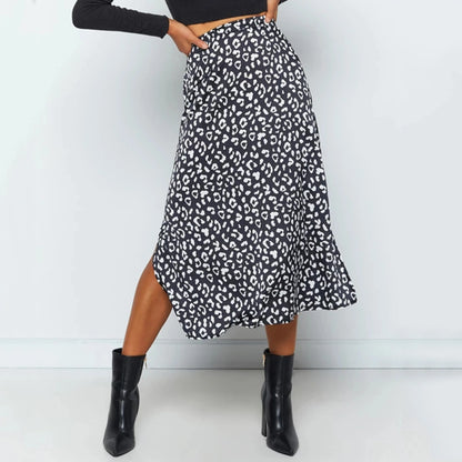 Everafter Black Leopard High-Waisted A-Line Midi Skirt with Side Slit