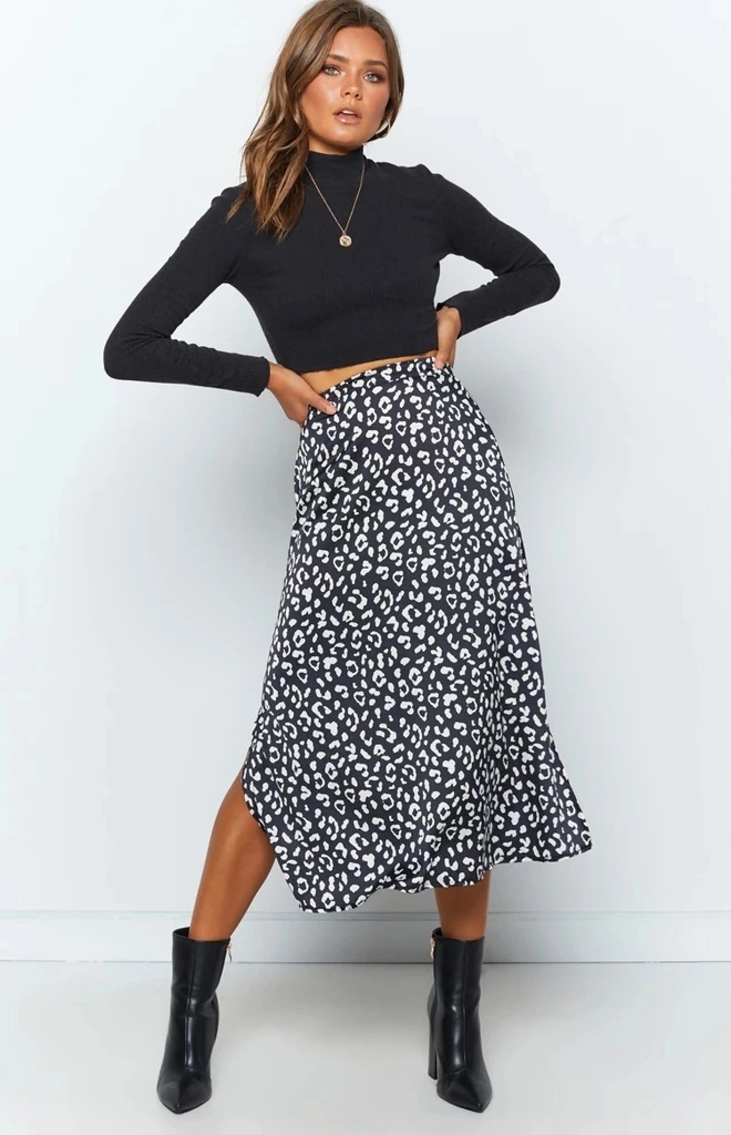 Everafter Black Leopard High-Waisted A-Line Midi Skirt with Side Slit