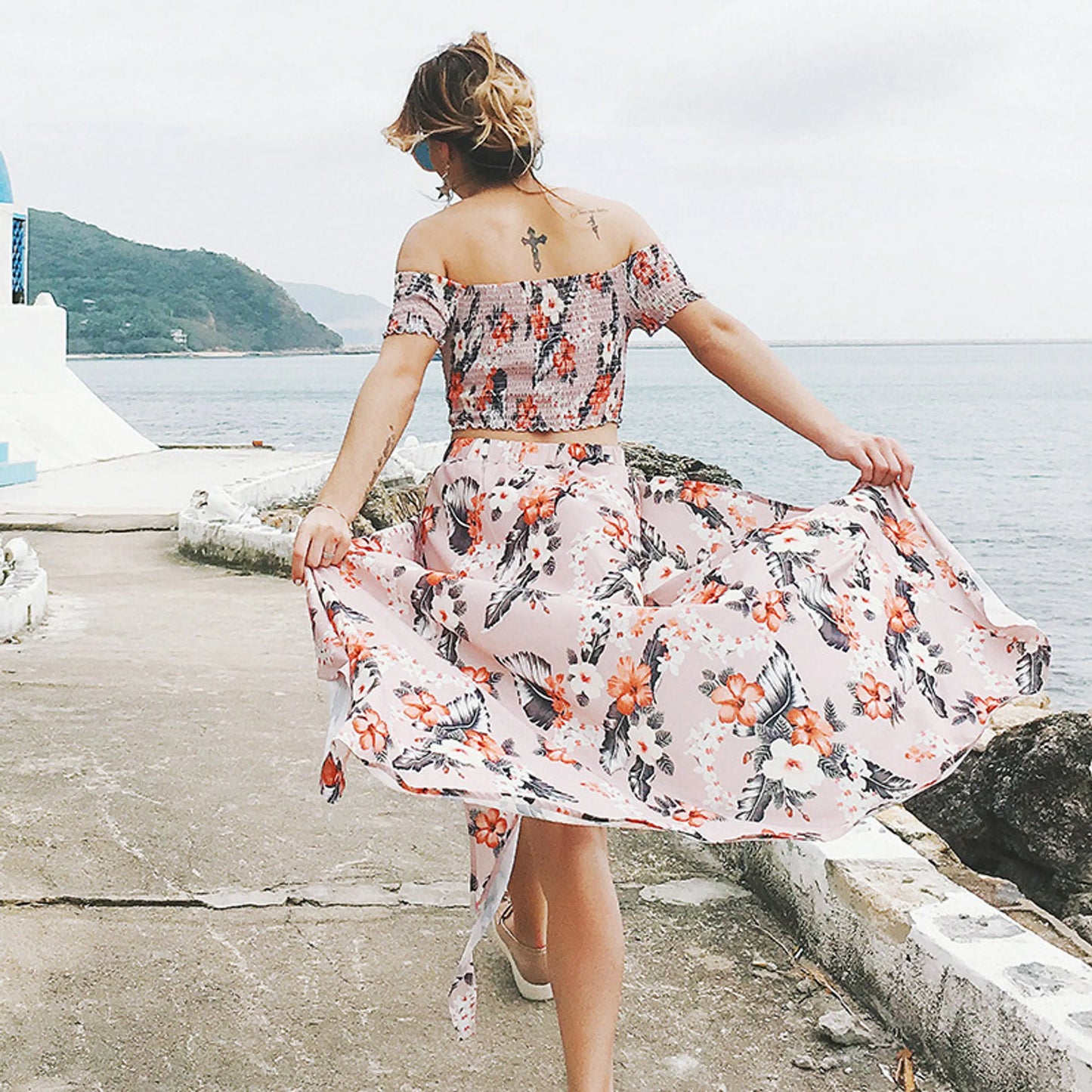 Floral Bardot Two-Piece Set Off-Shoulder Top and Maxi Skirt