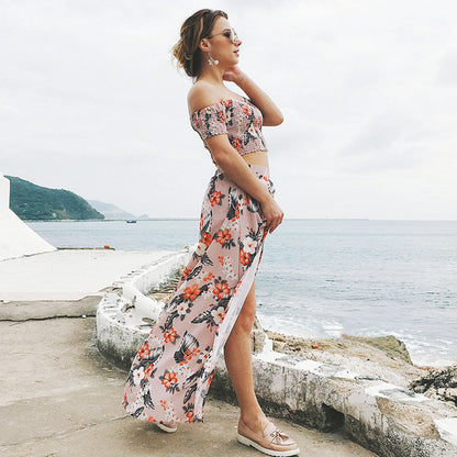 Floral Bardot Two-Piece Set Off-Shoulder Top and Maxi Skirt