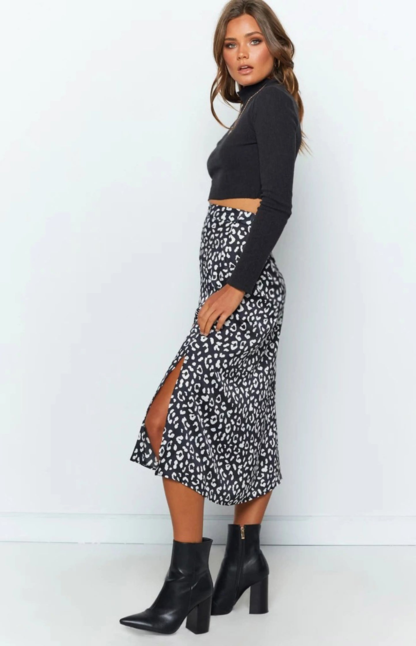 Everafter Black Leopard High-Waisted A-Line Midi Skirt with Side Slit