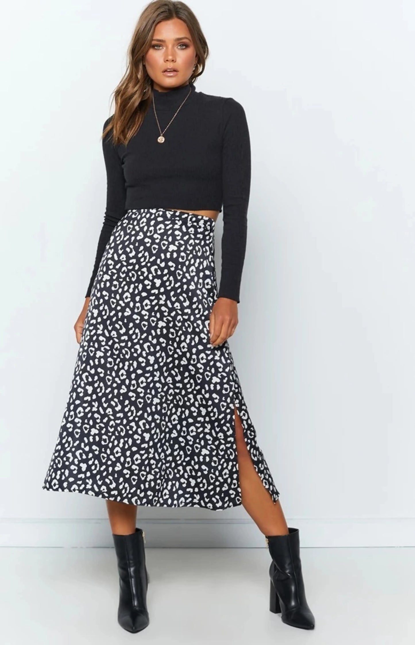 Everafter Black Leopard High-Waisted A-Line Midi Skirt with Side Slit