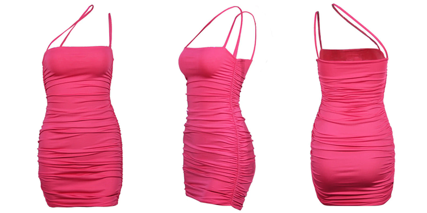 Stunning Ruched Mini Party Dress (Neon Pink)