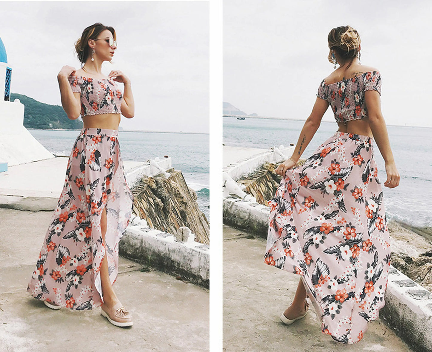 Floral Bardot Two-Piece Set Off-Shoulder Top and Maxi Skirt