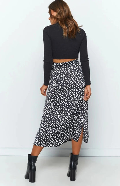 Everafter Black Leopard High-Waisted A-Line Midi Skirt with Side Slit