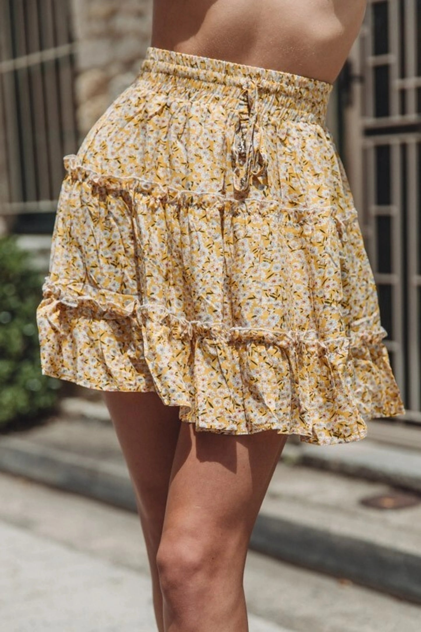 Darling Ladies Floral Frill Trim Skirt (Yellow)