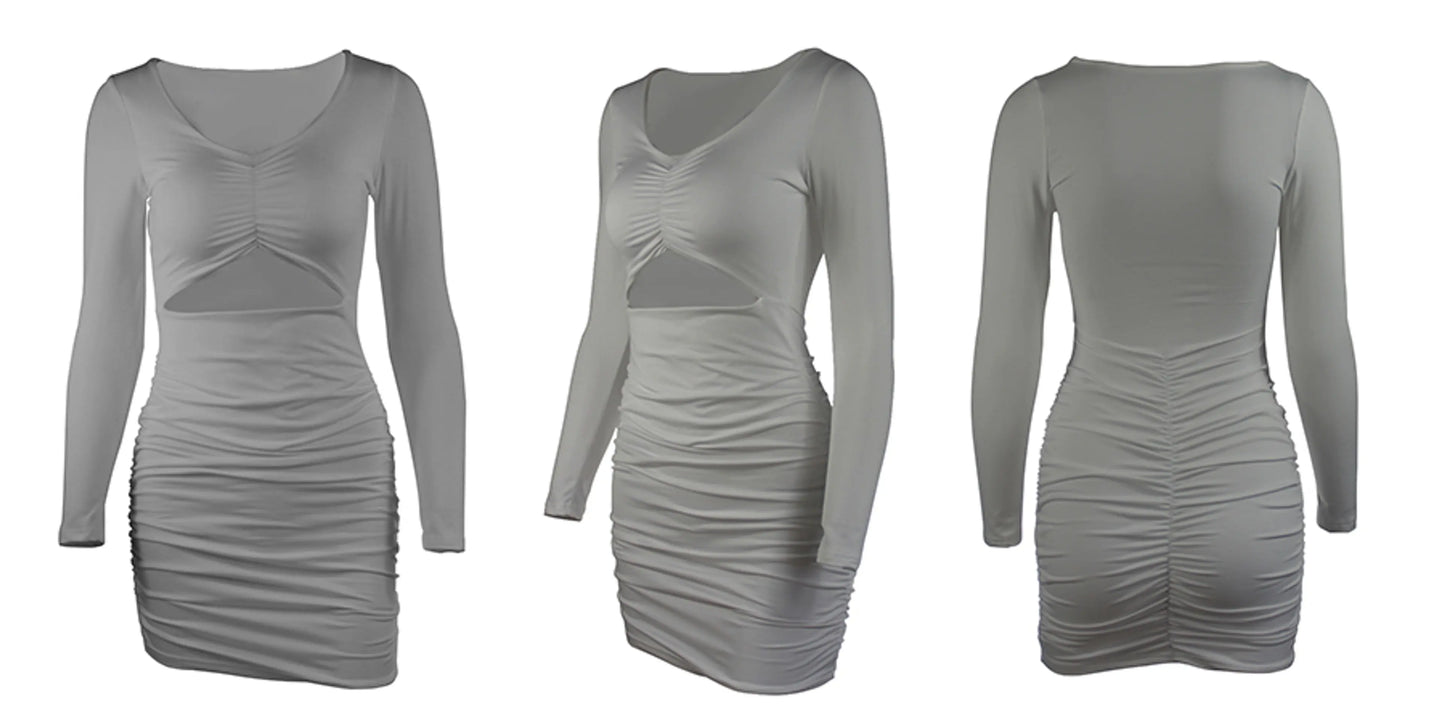 Long Sleeve Ruched Bodycon Mini Dress (Grey)