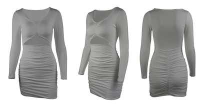 Long Sleeve Ruched Bodycon Mini Dress (Grey)