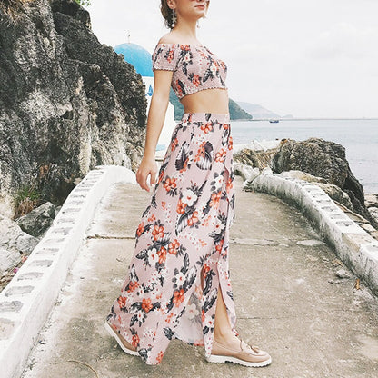 Floral Bardot Two-Piece Set Off-Shoulder Top and Maxi Skirt