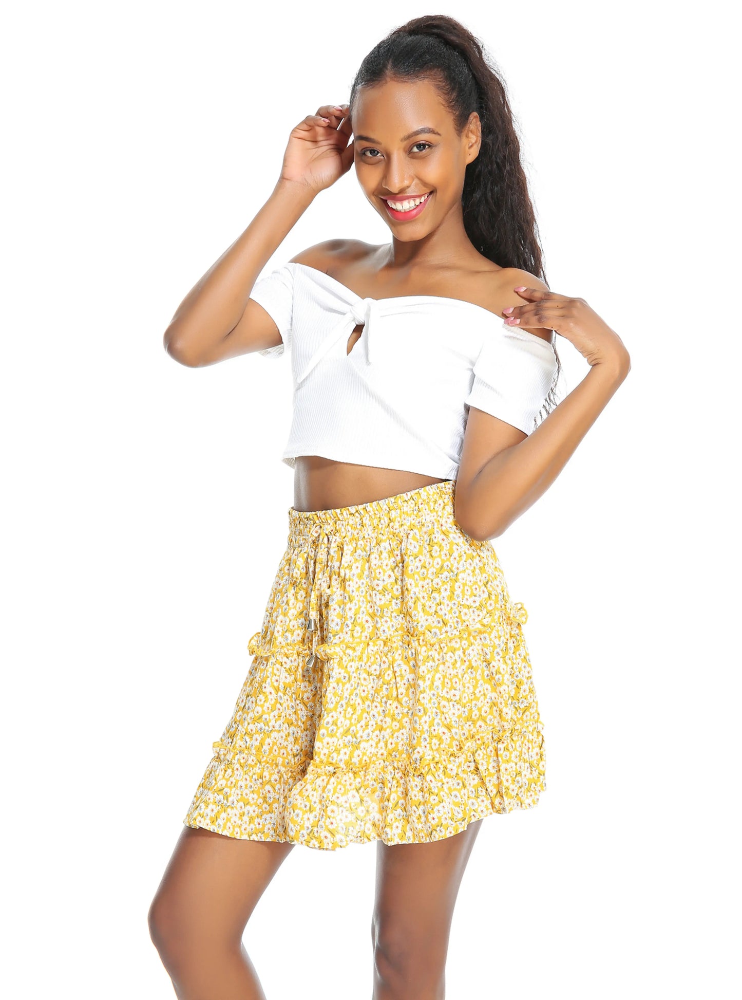 Darling Ladies Floral Frill Trim Skirt (Yellow)