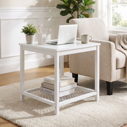 Loft White Industrial Wood & Steel Side Table with Storage Shelf