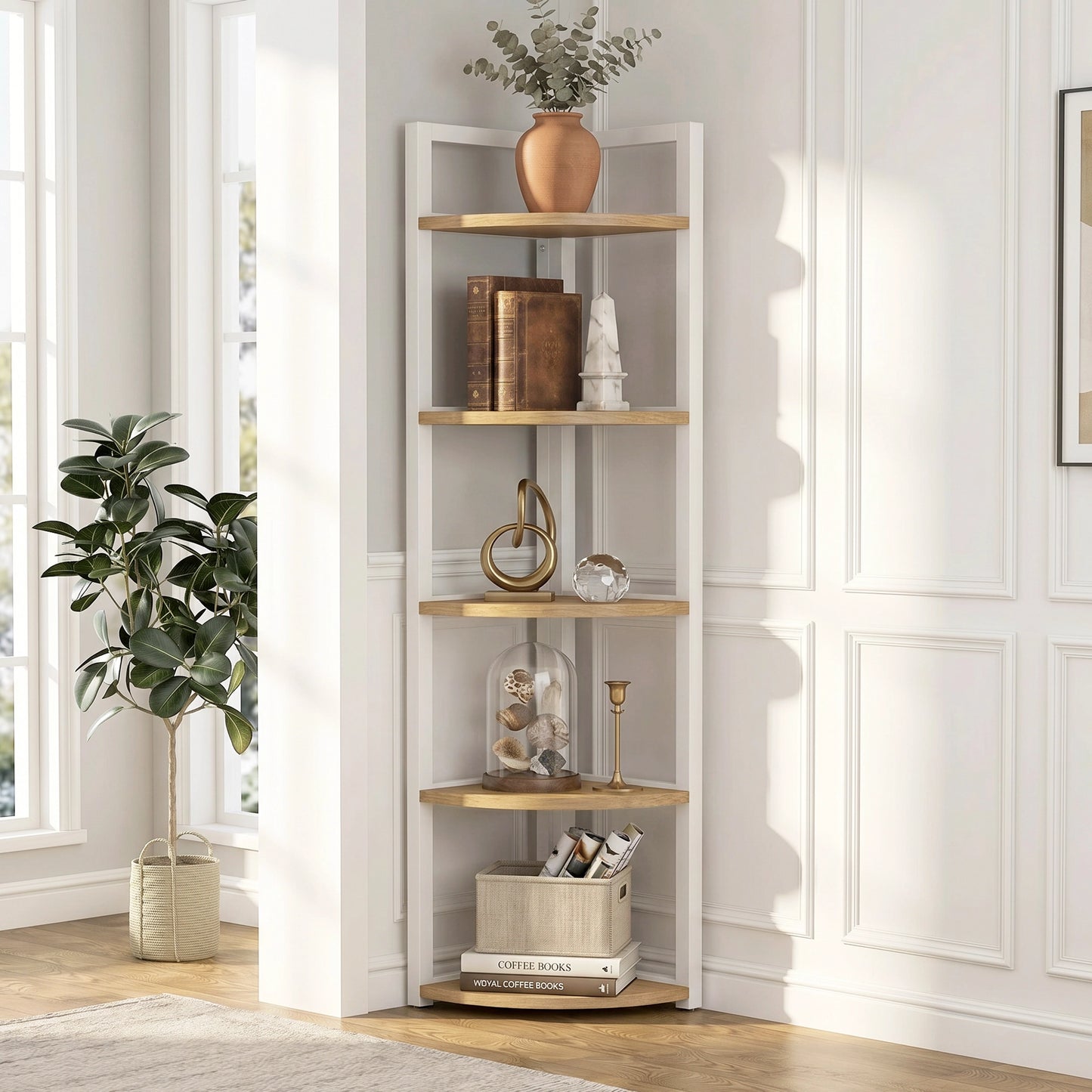 Optima 5 Tier Wood & Steel Corner Shelf Organizer Unit (Rustic Oak & White)