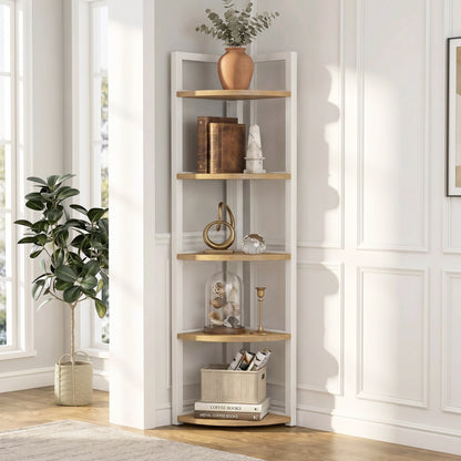 Optima 5 Tier Wood & Steel Corner Shelf Organizer Unit (Rustic Oak & White)