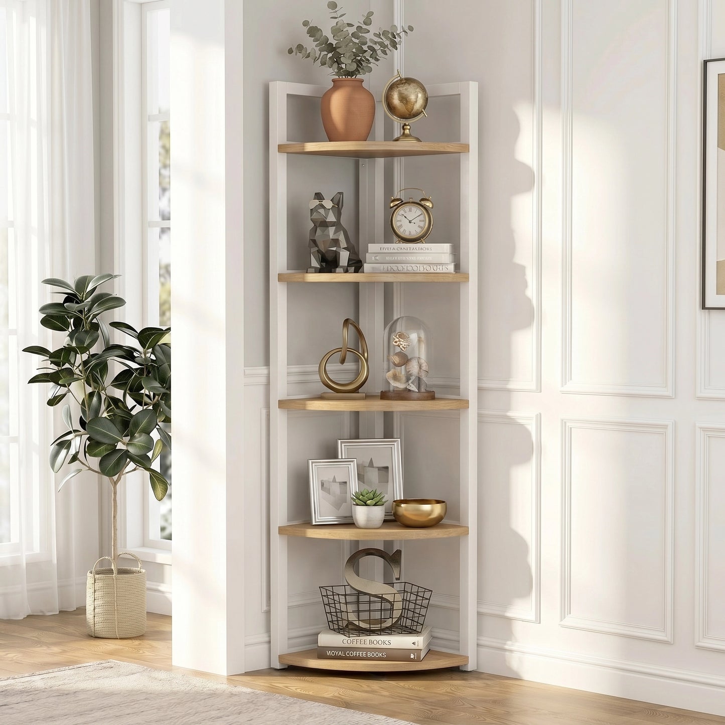 Optima 5 Tier Wood & Steel Corner Shelf Organizer Unit (Rustic Oak & White)
