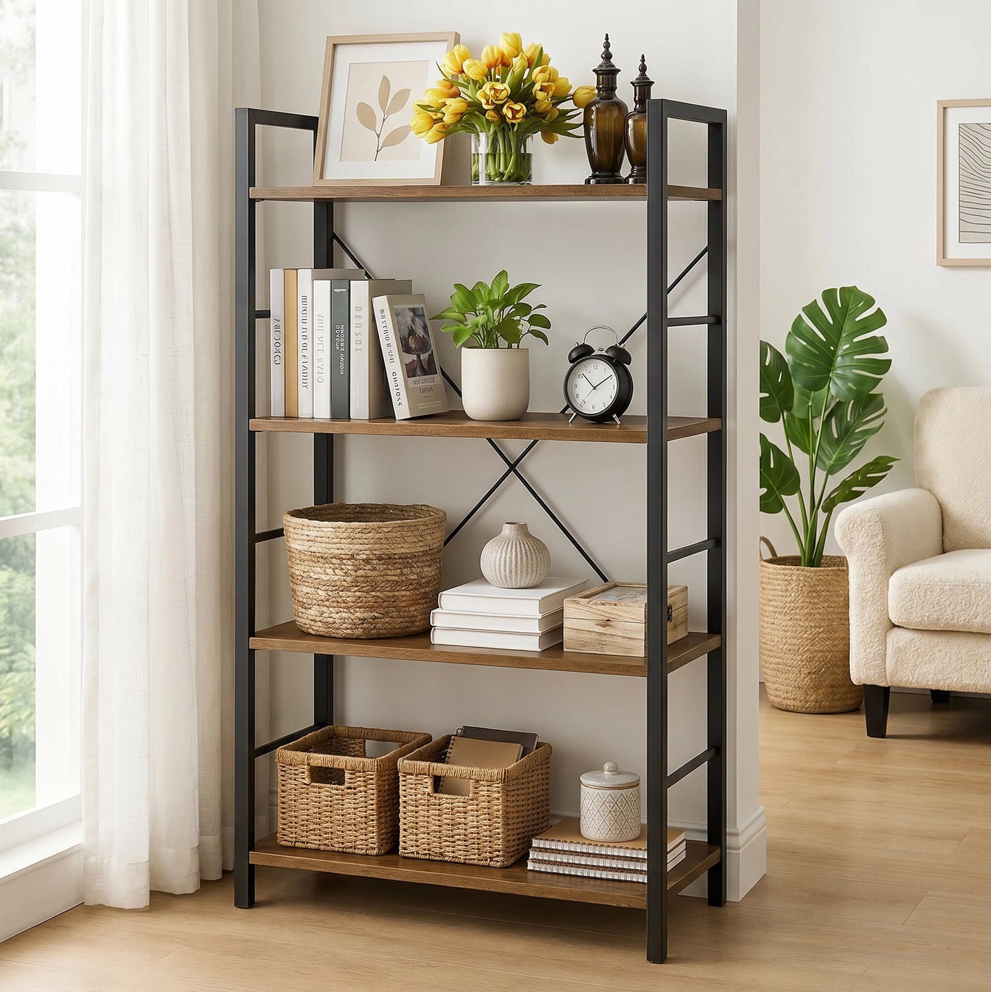 Multifunction Bookcase 4 Tier Rustic Wood & Steel Storage Shelf Organizer