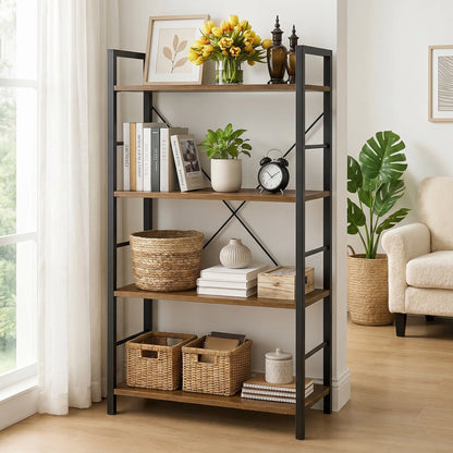 Multifunction Bookcase 4 Tier Rustic Wood & Steel Storage Shelf Organizer