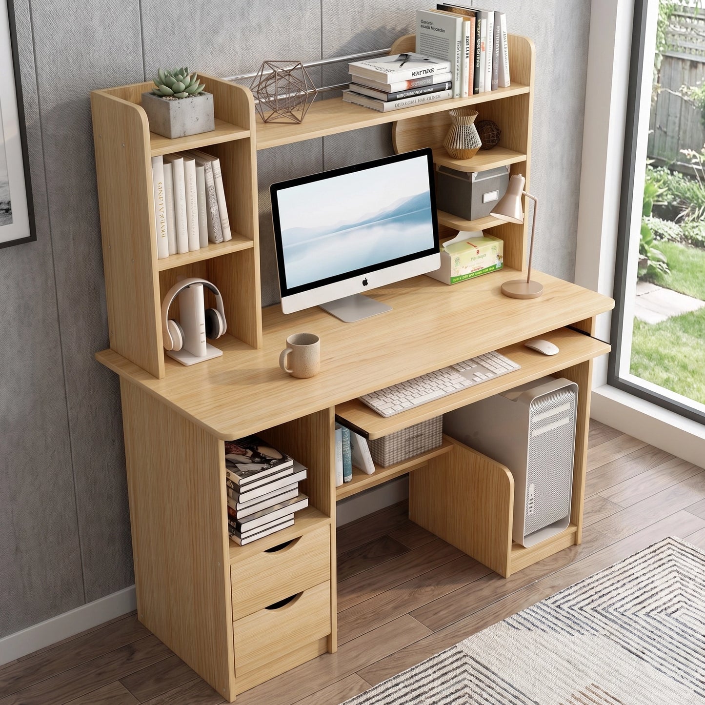 Expert Computer Desk Workstation with Shelf & Cabinet (Oak)