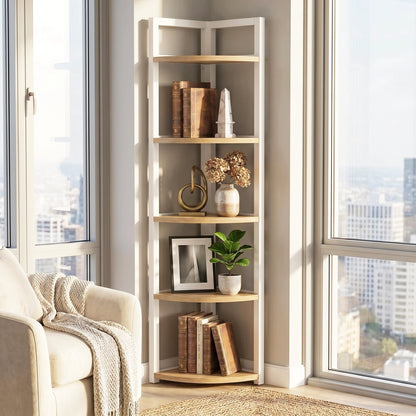Optima 5 Tier Wood & Steel Corner Shelf Organizer Unit (Rustic Oak & White)