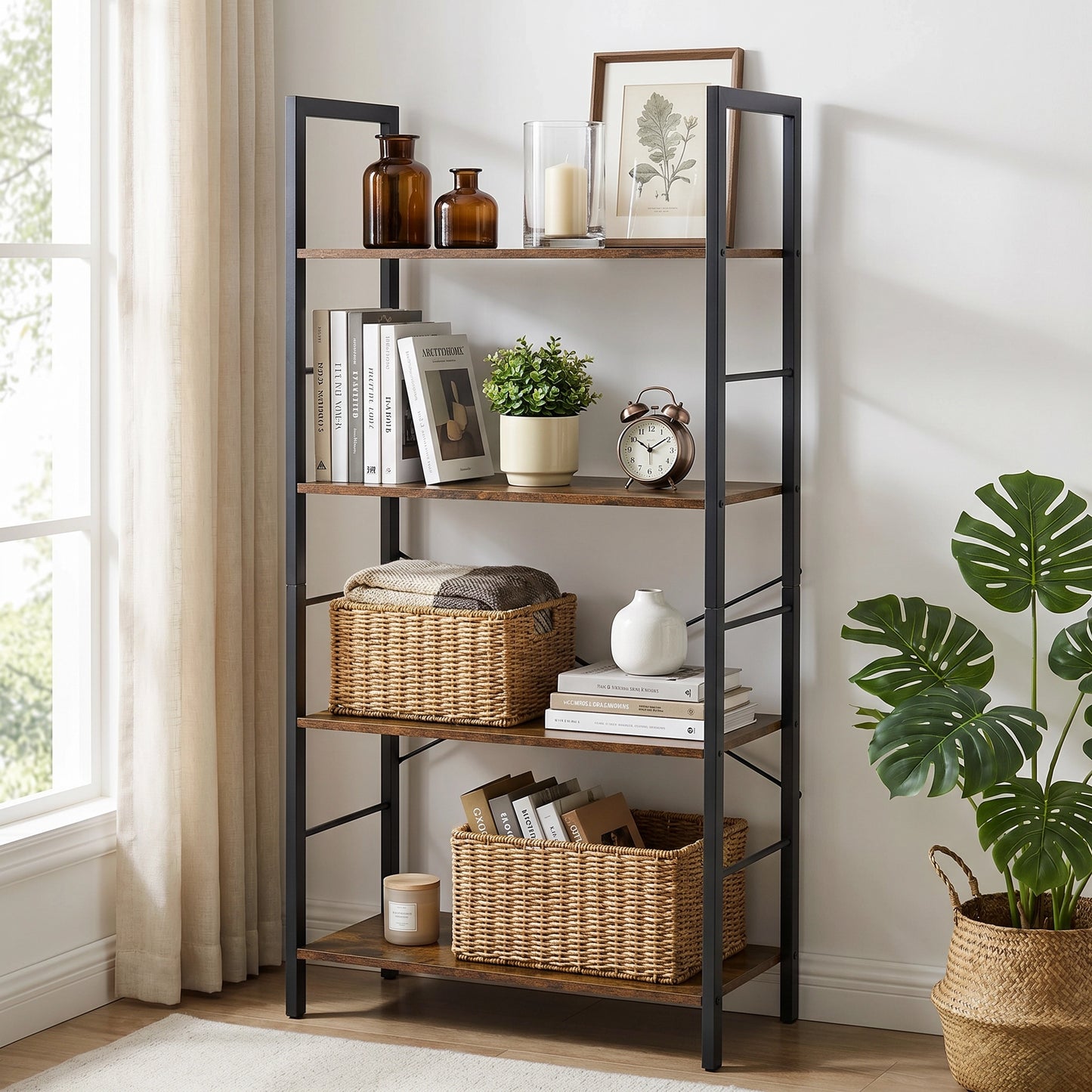 Multifunction Bookcase 4 Tier Rustic Wood & Steel Storage Shelf Organizer