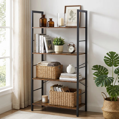 Multifunction Bookcase 4 Tier Rustic Wood & Steel Storage Shelf Organizer