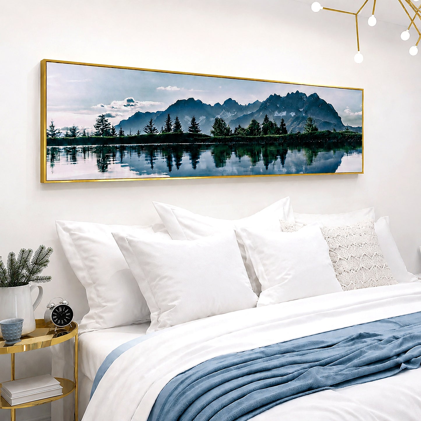 Mountain Lake Landscape Painting Long Canvas Framed Wall Art - 100cm x 30cm