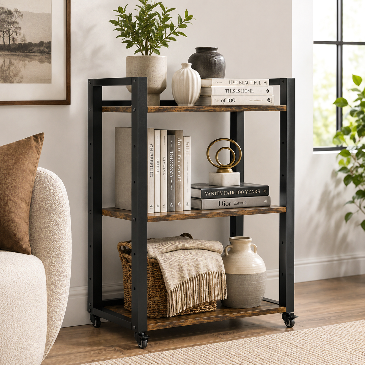 Fortis Rustic Wood and Steel Multipurpose Utility Trolley Storage Shelf Organizer