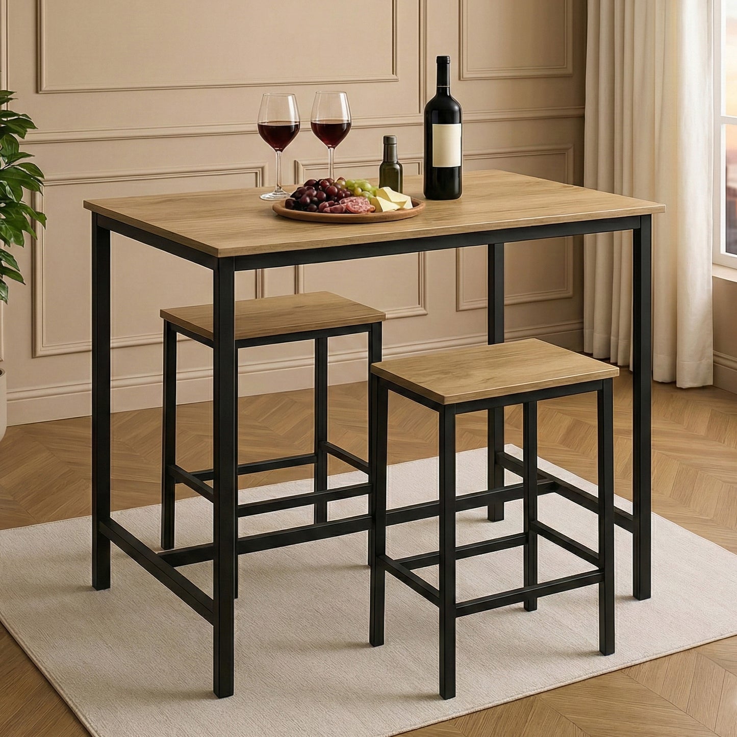 3 Piece Grandeur Premium Wood & Steel Bar Table and Stools Dinning Set (Rustic Oak)