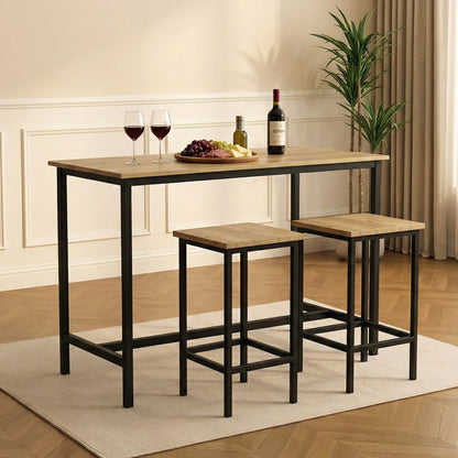 3 Piece Grandeur Premium Wood & Steel Bar Table and Stools Dinning Set (Rustic Oak)