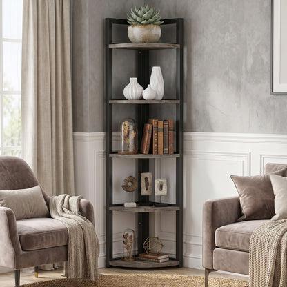Optima 5 Tier Wood & Steel Corner Shelf Organizer Unit (Driftwood)