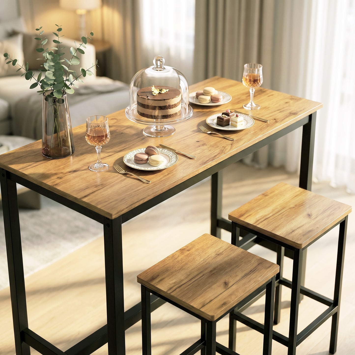 3 Piece Grandeur Premium Wood & Steel Bar Table and Stools Dinning Set (Rustic Oak)