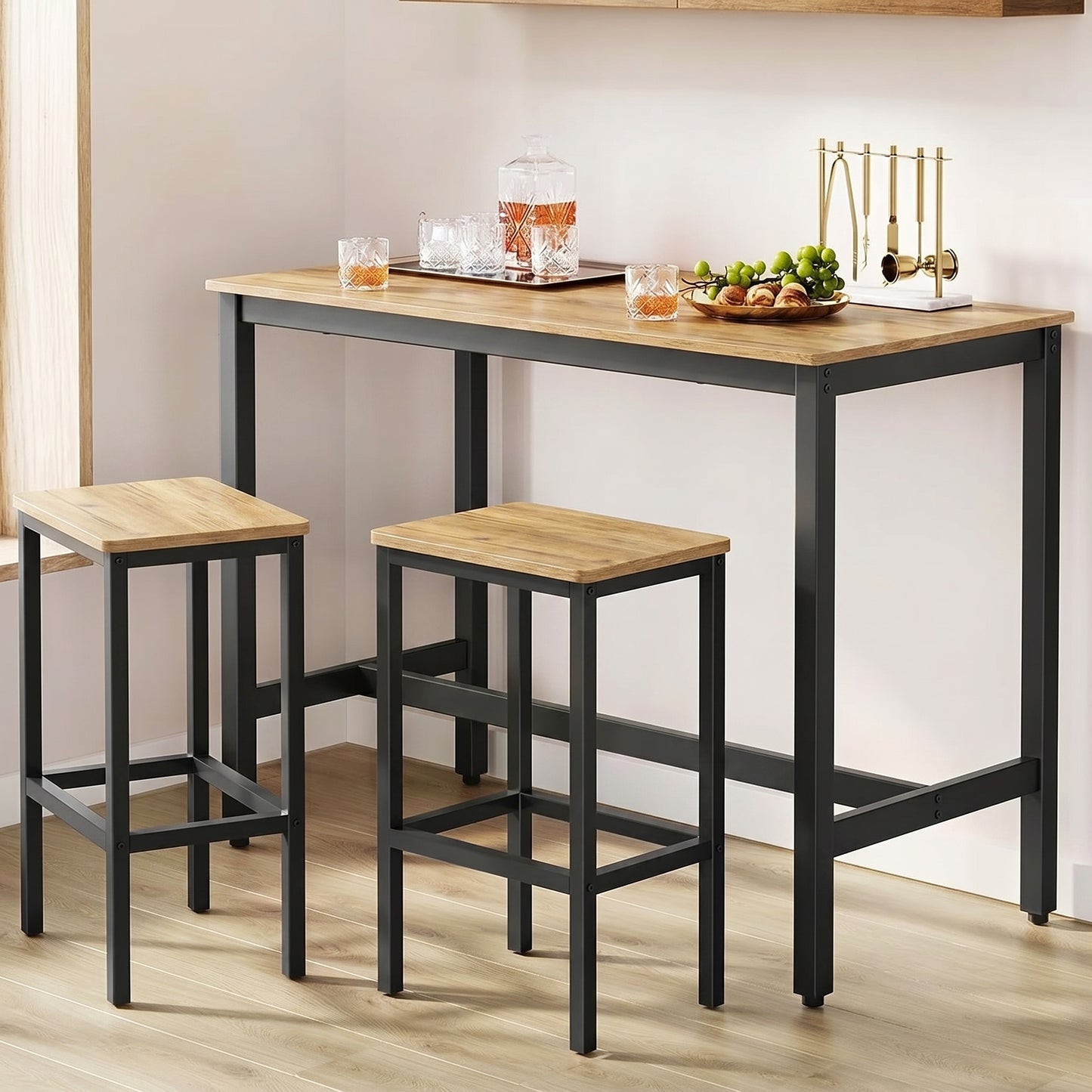 3 Piece Grandeur Premium Wood & Steel Bar Table and Stools Dinning Set (Rustic Oak)