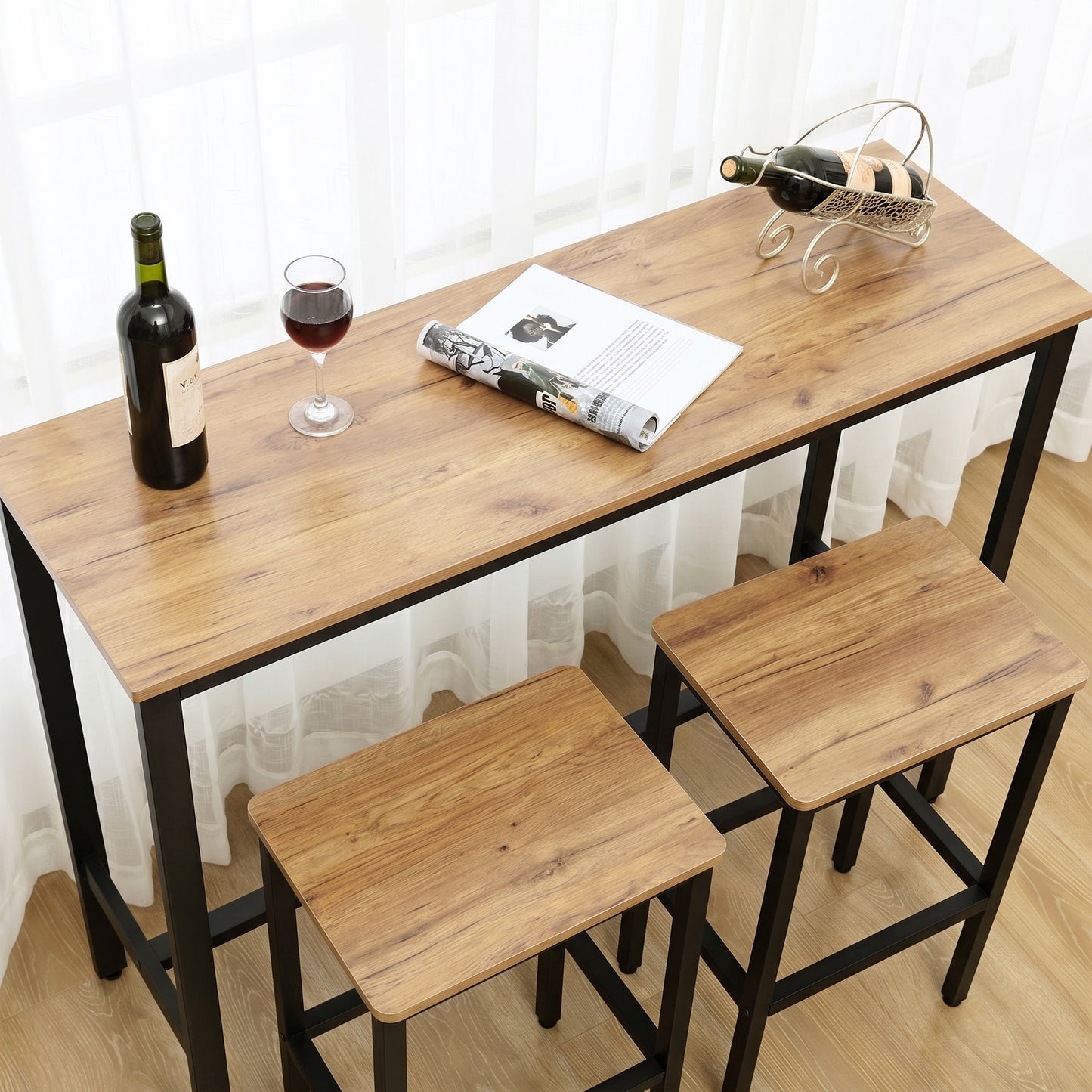 3 Piece Grandeur Premium Wood & Steel Bar Table and Stools Dinning Set (Rustic Oak)