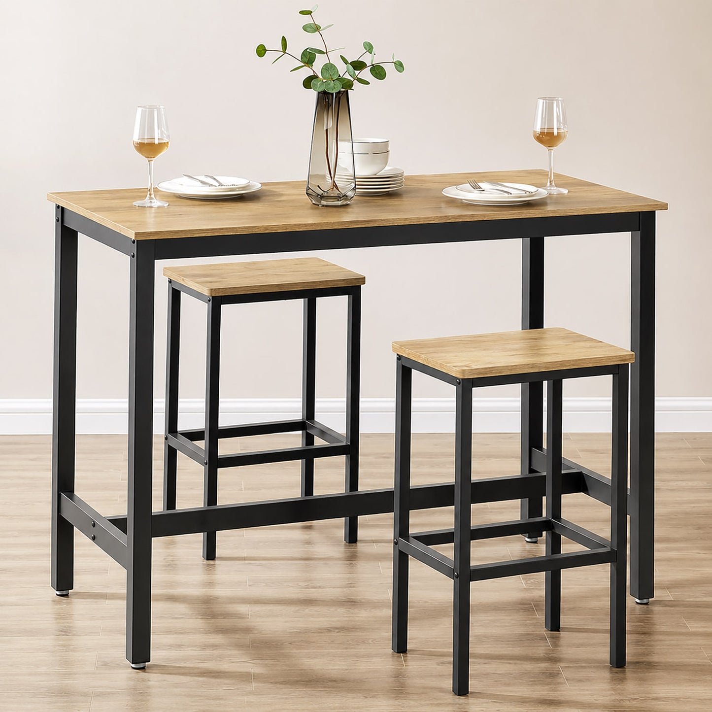3 Piece Grandeur Premium Wood & Steel Bar Table and Stools Dinning Set (Rustic Oak)