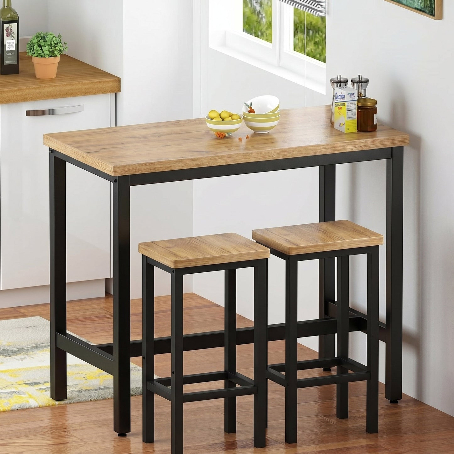 3 Piece Grandeur Premium Wood & Steel Bar Table and Stools Dinning Set (Rustic Oak)