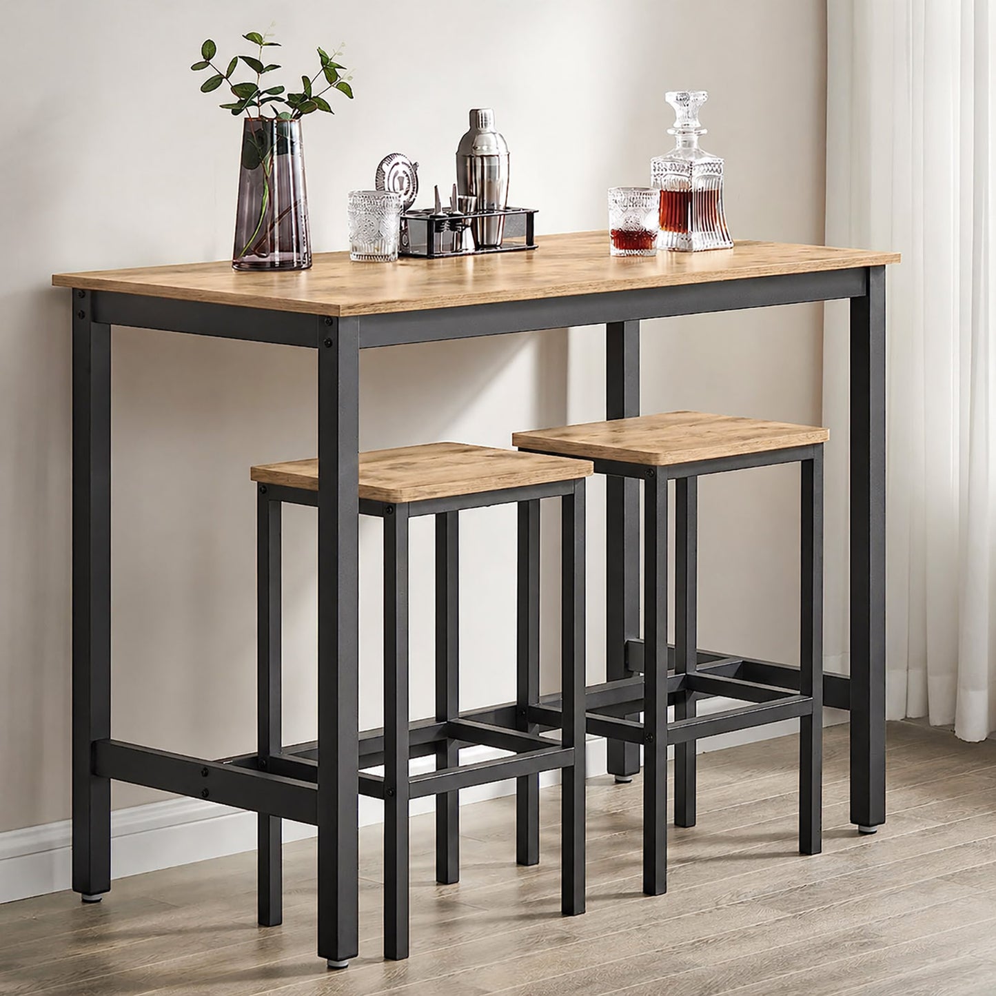 3 Piece Grandeur Premium Wood & Steel Bar Table and Stools Dinning Set (Rustic Oak)