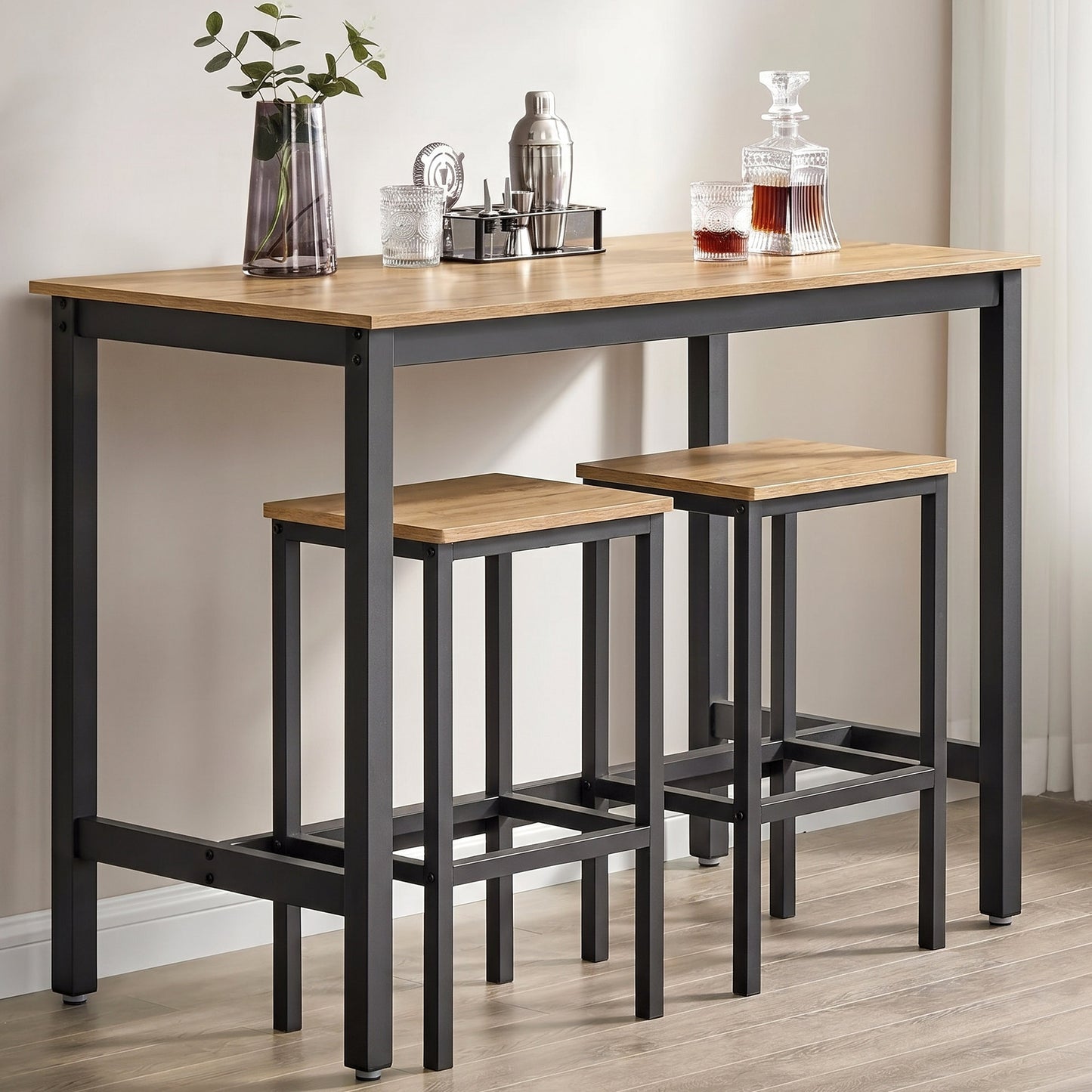 3 Piece Grandeur Premium Wood & Steel Bar Table and Stools Dinning Set (Rustic Oak)