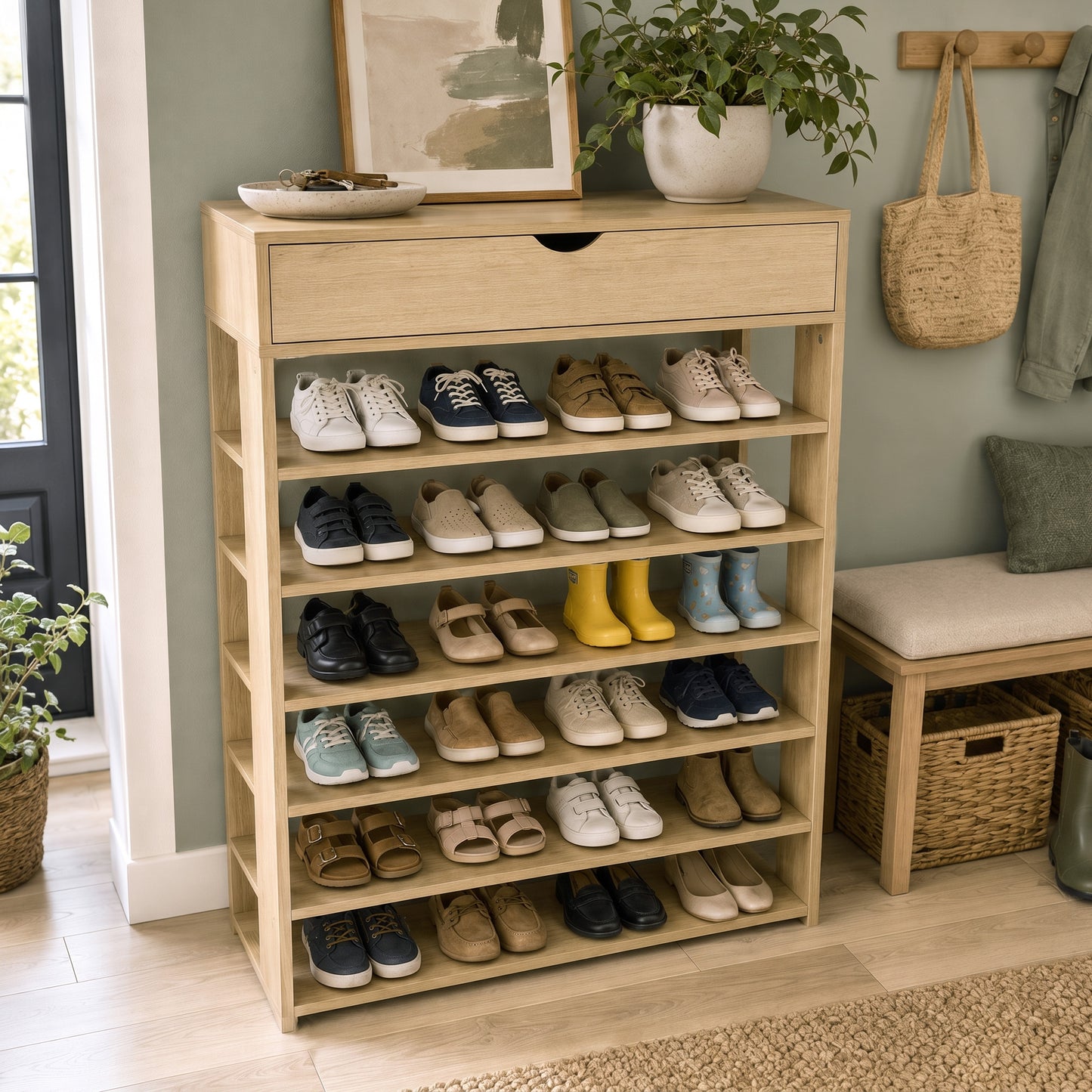 Fiesta 7 Tier Extra Spacious Wooden Shoe Rack Organizer Shelf Cabinet (Natural Oak)