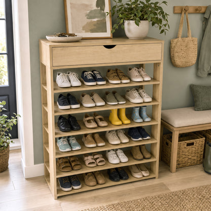 Fiesta 7 Tier Extra Spacious Wooden Shoe Rack Organizer Shelf Cabinet (Natural Oak)