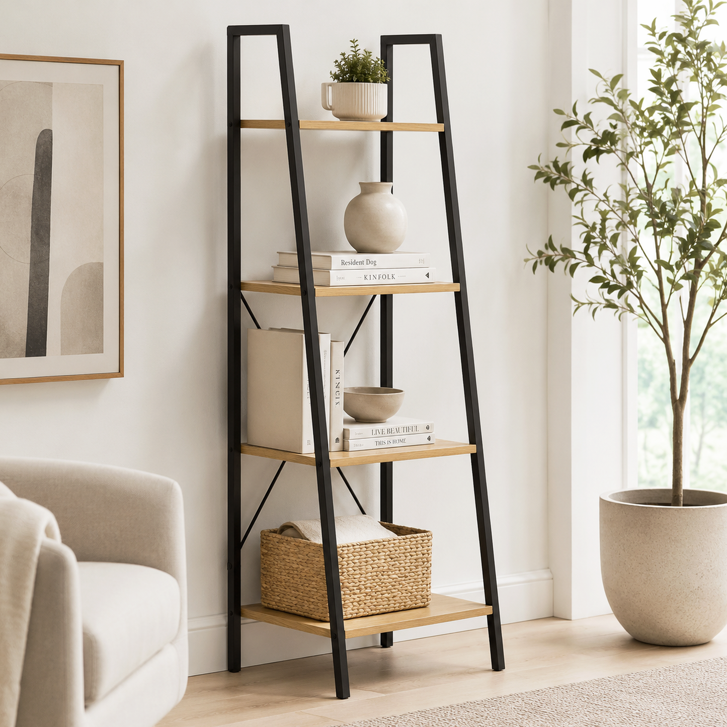 Elevate Rustic Oak 4-Tier Ladder Shelf Wood & Metal Bookcase Storage Organizer
