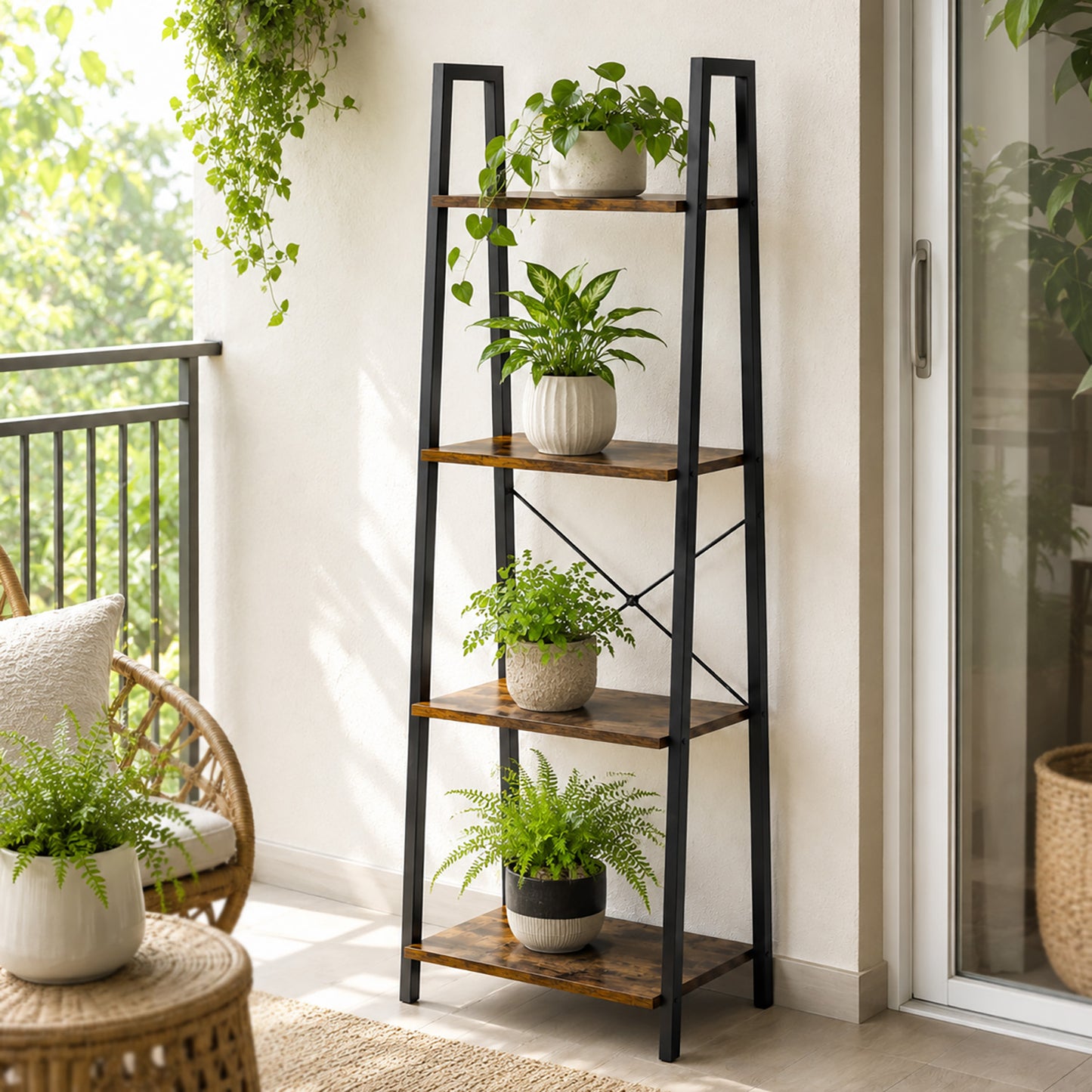 Elevate Rustic Wood & Metal 4-Tier Ladder Shelf Bookcase Storage Organizer