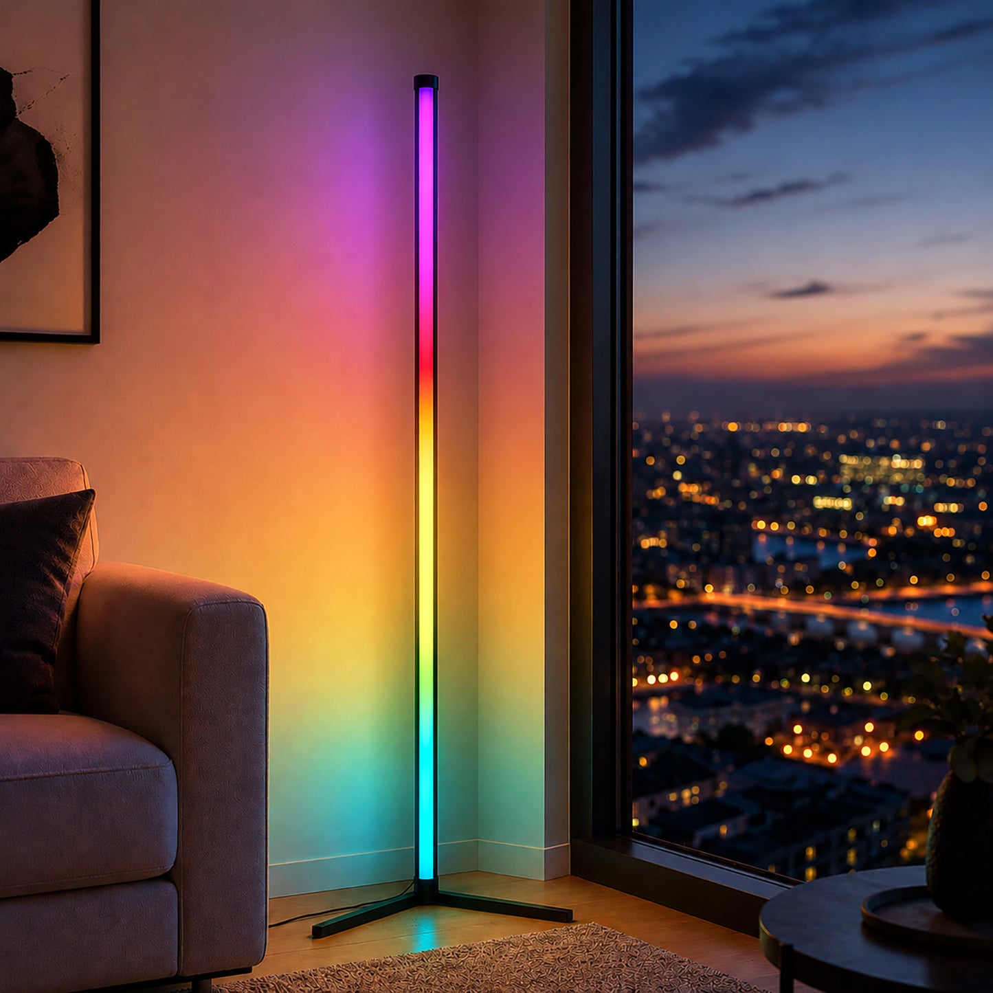 Colourful RGB floor lamp in a room with a cityscape view