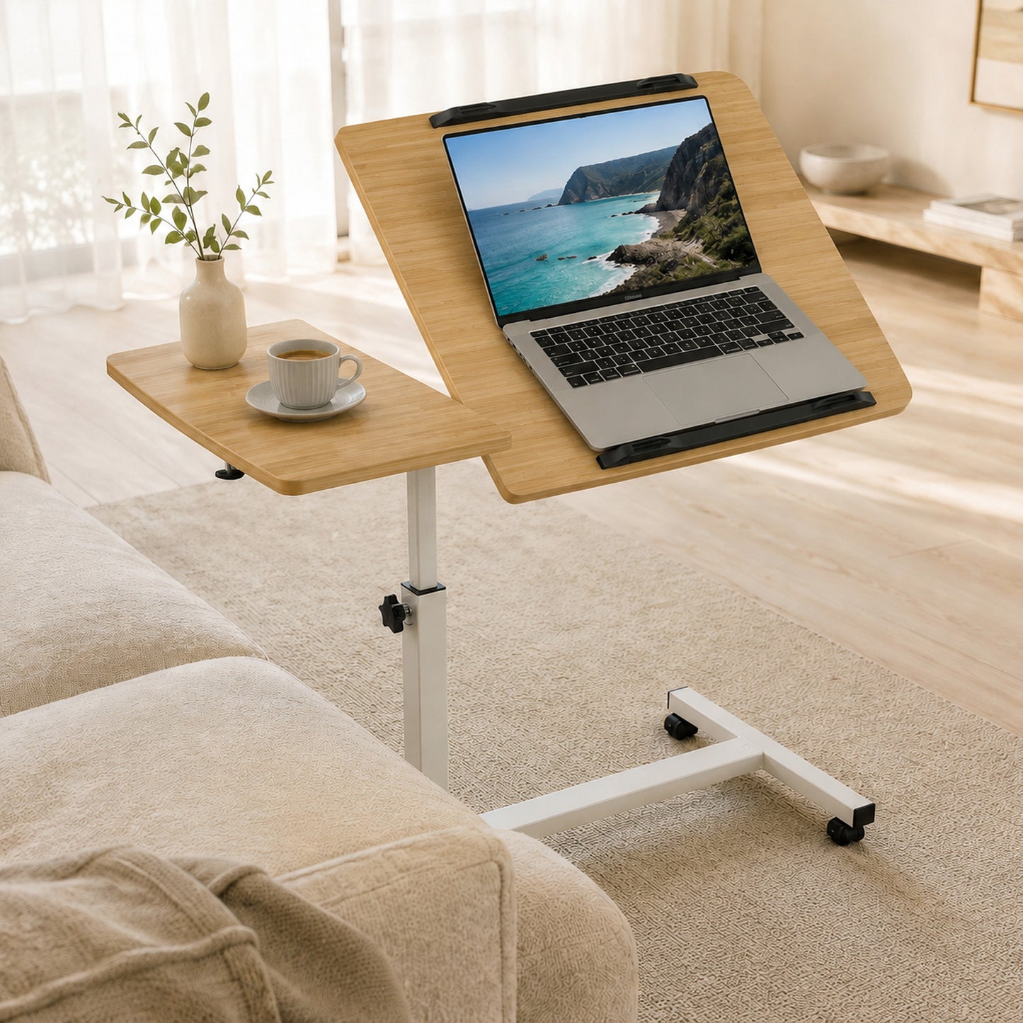 Motif 2-in-1 Adjustable Portable Sofa Bed Side Table Laptop Desk with Wheels (Oak)