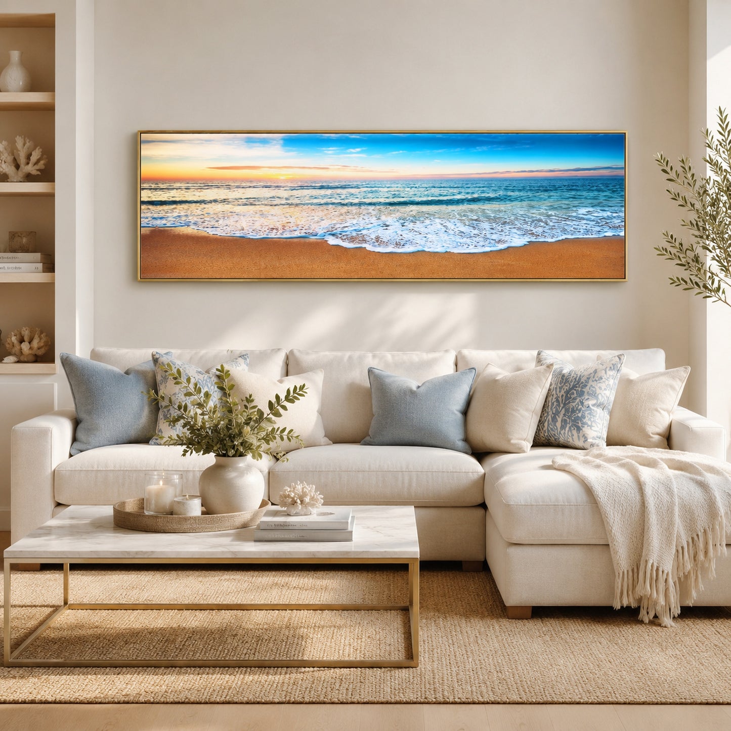 Beach Painting Framed Long Canvas Wall Art - 100cm x 30cm