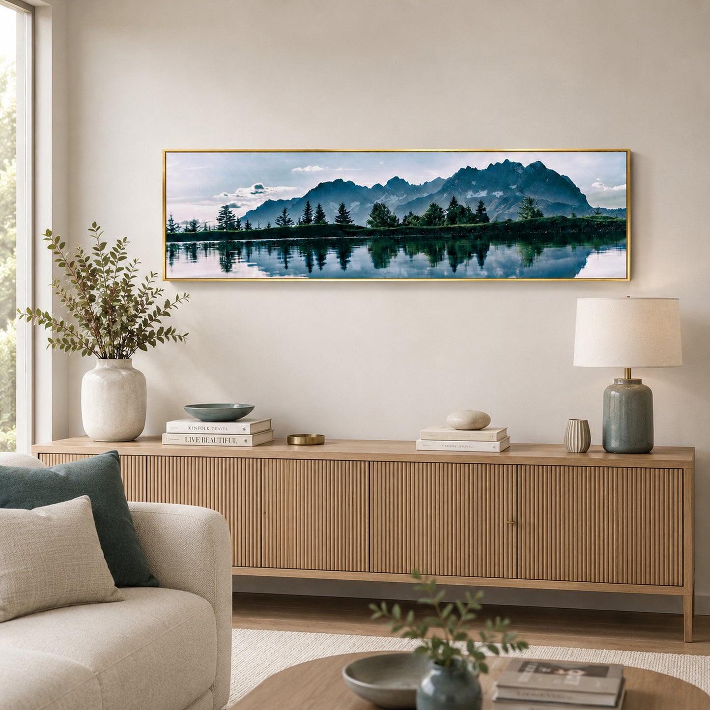 Mountain Lake Landscape Painting Long Canvas Framed Wall Art - 100cm x 30cm