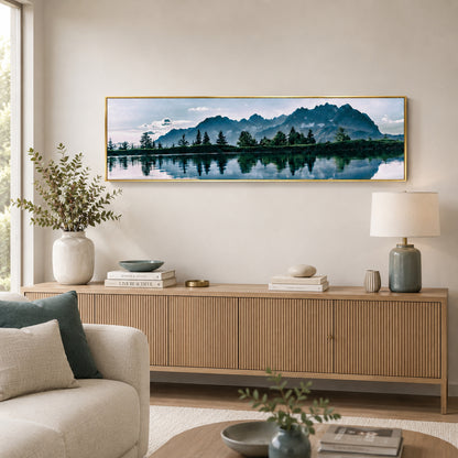 Mountain Lake Landscape Painting Long Canvas Framed Wall Art - 100cm x 30cm