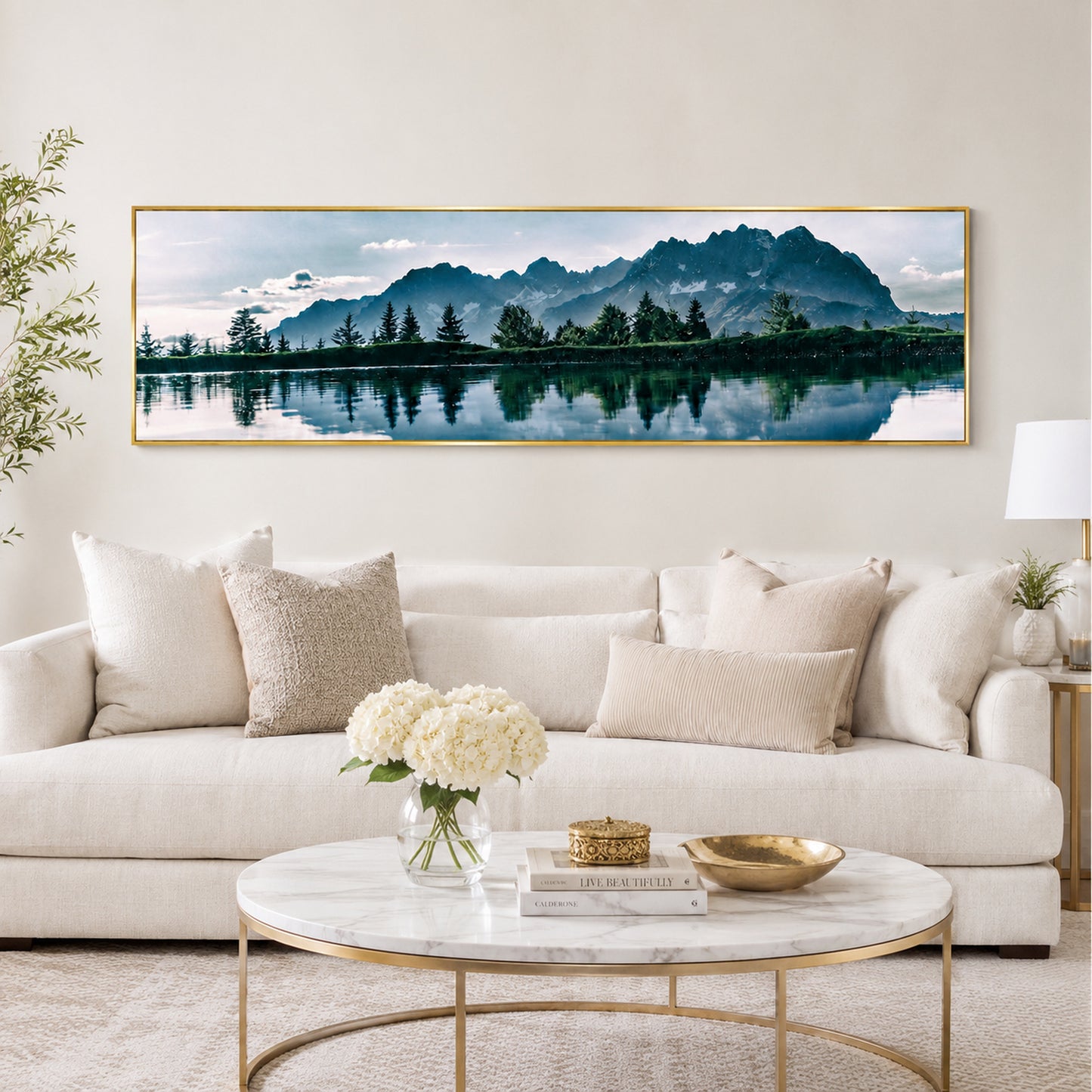 Mountain Lake Landscape Painting Long Canvas Framed Wall Art - 100cm x 30cm